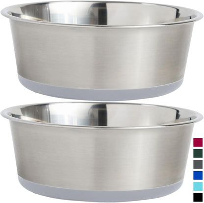 Gorilla Grip Stainless Steel Metal Dog Bowl Set of 2, Rubber Base, Heavy Duty, Rust Resistant, Food Grade BPA Free, Less Sliding, Quiet Pet Bowls for Cats and Dogs, Holds 6 Cups (48 Fl Oz), Lt Gray