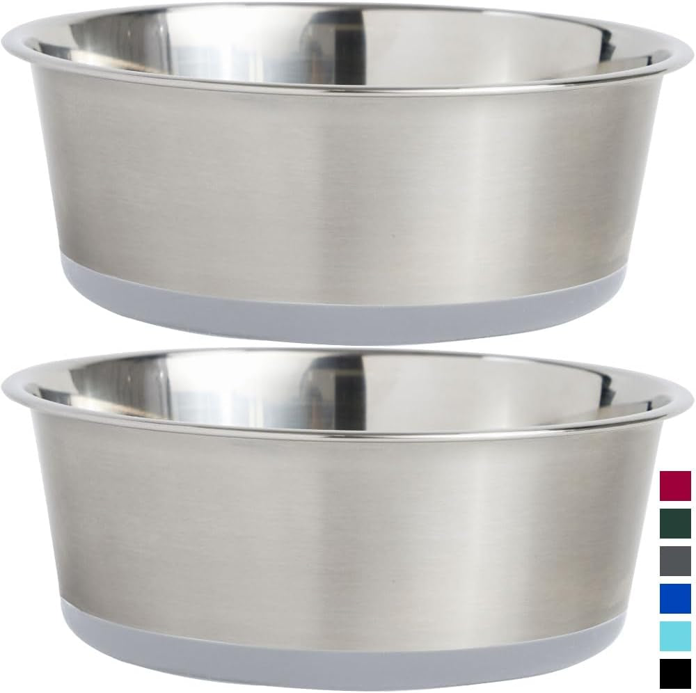 Gorilla Grip Stainless Steel Metal Dog Bowl Set of 2, Rubber Base, Heavy Duty, Rust Resistant, Food Grade BPA Free, Less Sliding, Quiet Pet Bowls for Cats and Dogs, Holds 3 Cups (24 Fl Oz), Lt Gray