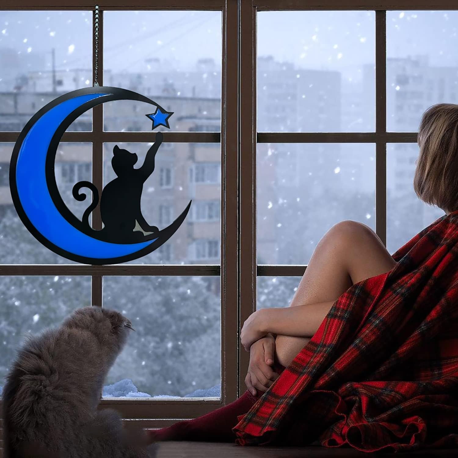 Cat Memorial Gifts Luminous Pet Memorial Gifts Sun Catcher for Cat Lovers Black Cat and Blue Moon Light on Window Loss of Cat Sympathy Gift(Blue)