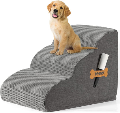 Dog Stairs, Romrol Dog Steps Ramp for High Bed and Couch, Dog Ramp with Durable Non-Slip Waterproof Fabric Cover, Pet Stairs for Small Dogs and Cats or Pets Joints, 4-Tiers,Grey