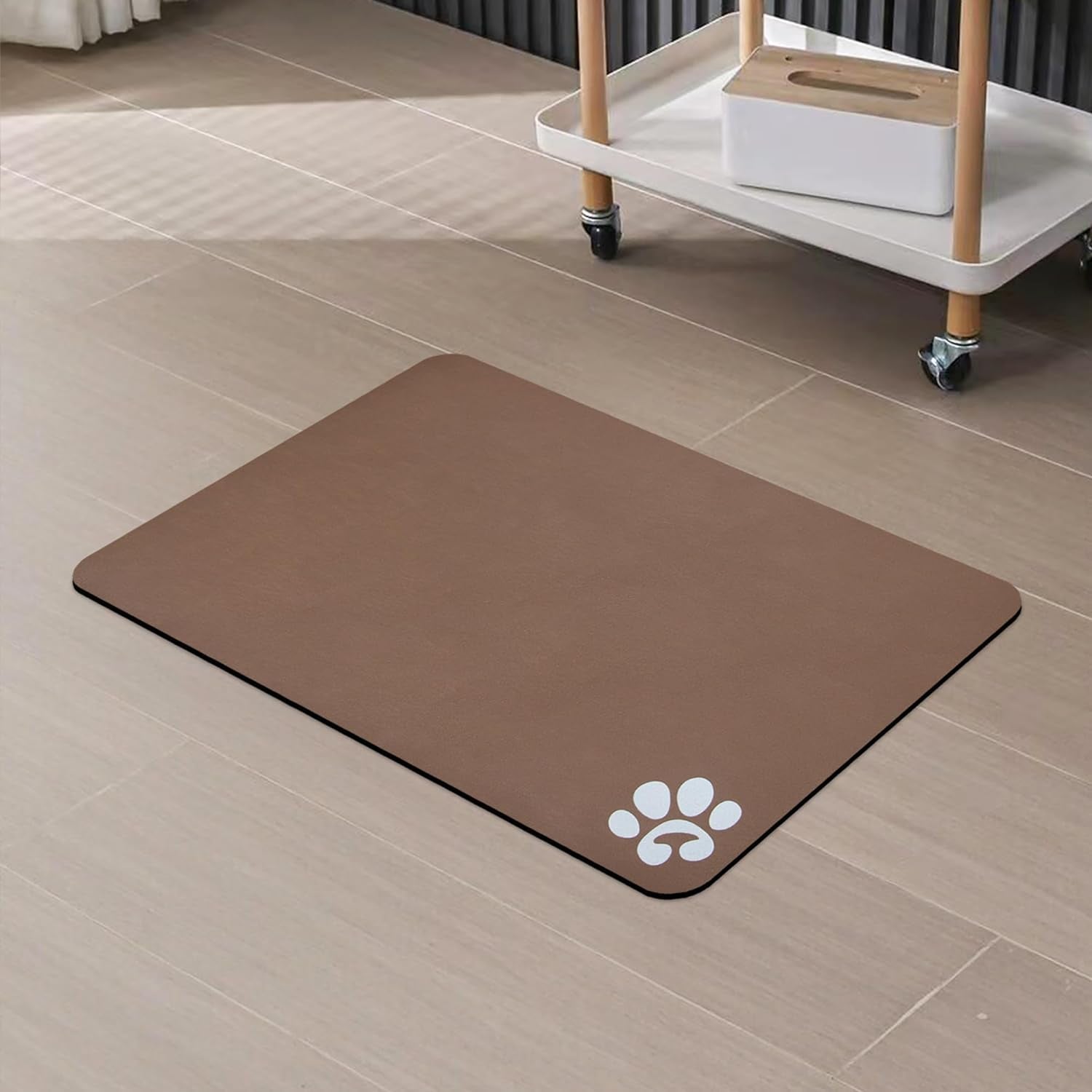 YCT Pet Cat Food Mats for Dog Food Mat, Cat Mat for Food, Pet Dog Cat Feeding Mat Eating Mat Pet Dog Cat Bowl Mats, Non-Slip Super Absorbent, with Footprints Logo，18.1 X 11.8 Inches, Brown