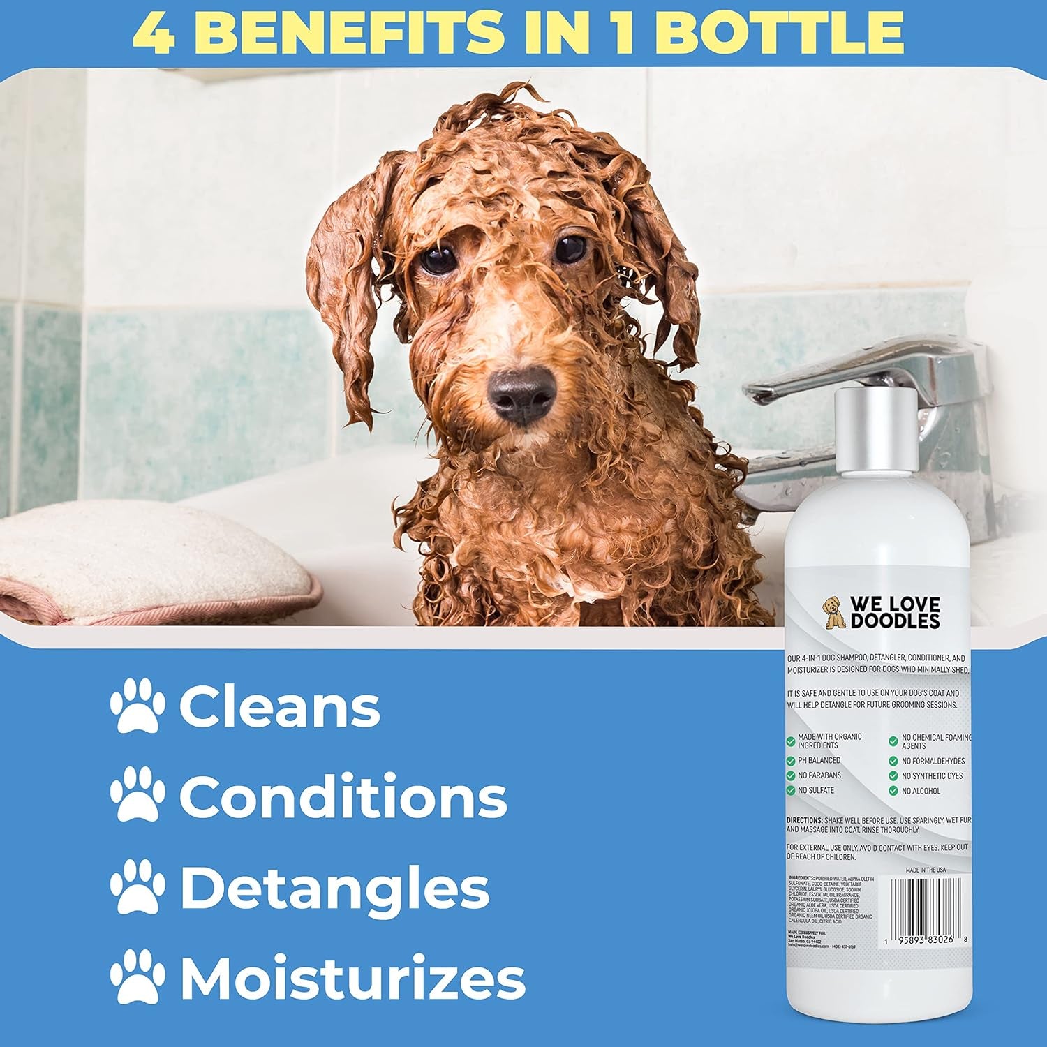 USDA Organic Dog Shampoo, Conditioner & Detangler - Best Shampoo for Goldendoodles, Poodles & Doodles - for Matted Pet Hair - Sensitive Skin Shampoo for Puppies - Made in the USA, 16OZ (Ocean Breeze)