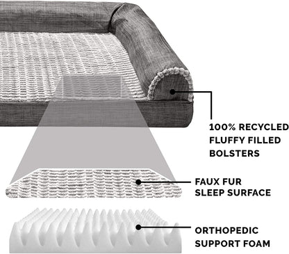 Furhaven Orthopedic Dog Bed for Large/Medium Dogs W/ Removable Bolsters & Washable Cover, for Dogs up to 55 Lbs - Faux Fur & Velvet Sofa - Dark Sage, Large