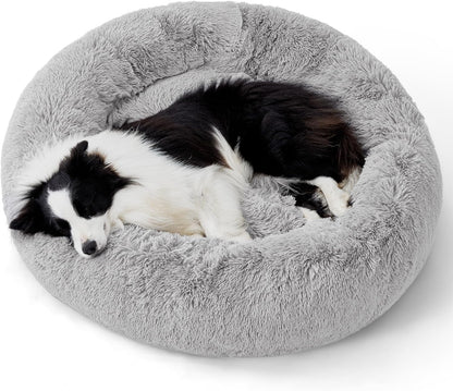 Bedsure Calming Dog Bed for Extra Large Dogs - Donut Washable Large Pet Bed, 45 Inches Anti-Slip round Fluffy Plush Faux Fur Dog Bed, Fits up to 125 Lbs Pets, Pale Grey