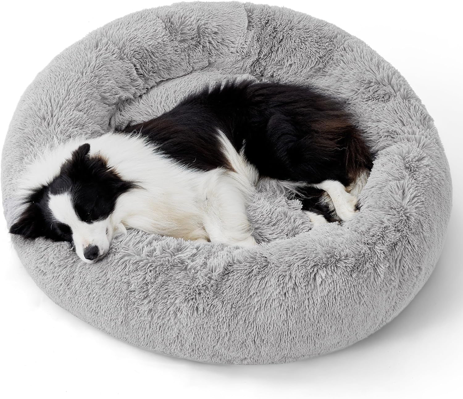 Bedsure Calming Dog Bed for Large Dogs - Donut Washable Large Pet Bed, 36 Inches Anti-Slip round Fluffy Plush Faux Fur Dog Bed, Fits up to 100 Lbs Pets, Pale Grey