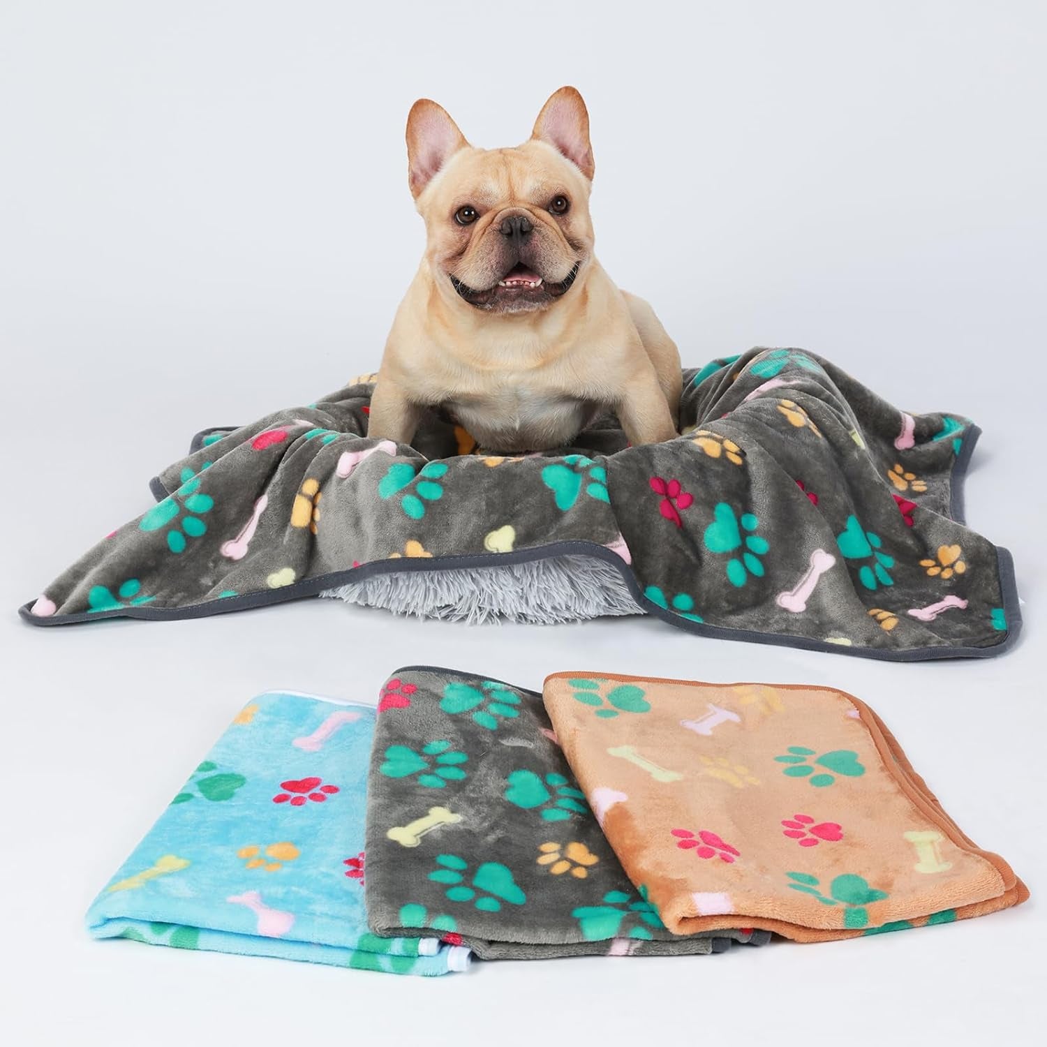 Luciphia 1 Pack 3 Blankets Fluffy Premium Fleece Pet Blanket Flannel Paw Bone Printed Throw for Dog Cat(Medium 30X20'', Purple/Pink/White)