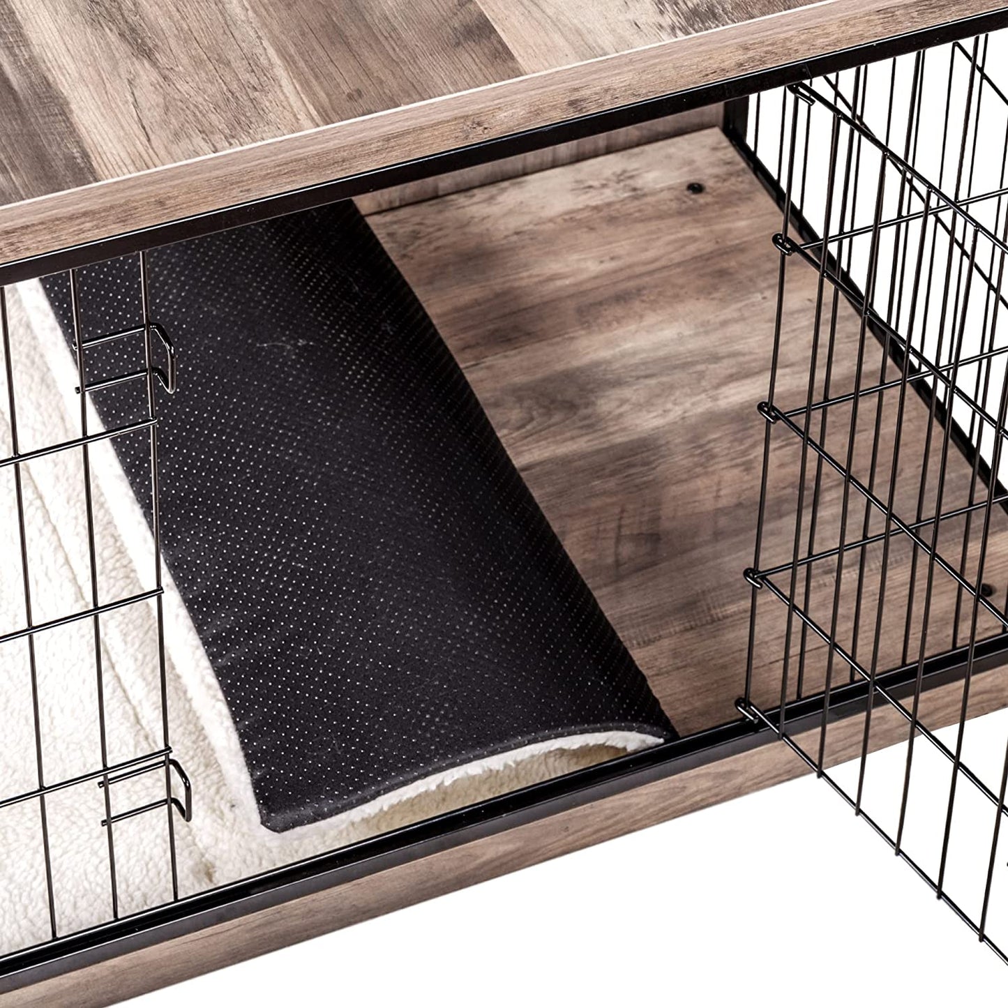 DWANTON Dog Crate Furniture with Cushion, Large Wooden Dog Crate with Double Doors, Dog Furniture, Indoor Dog Kennel, End Table, Large, 38.5" L, Dark Grey