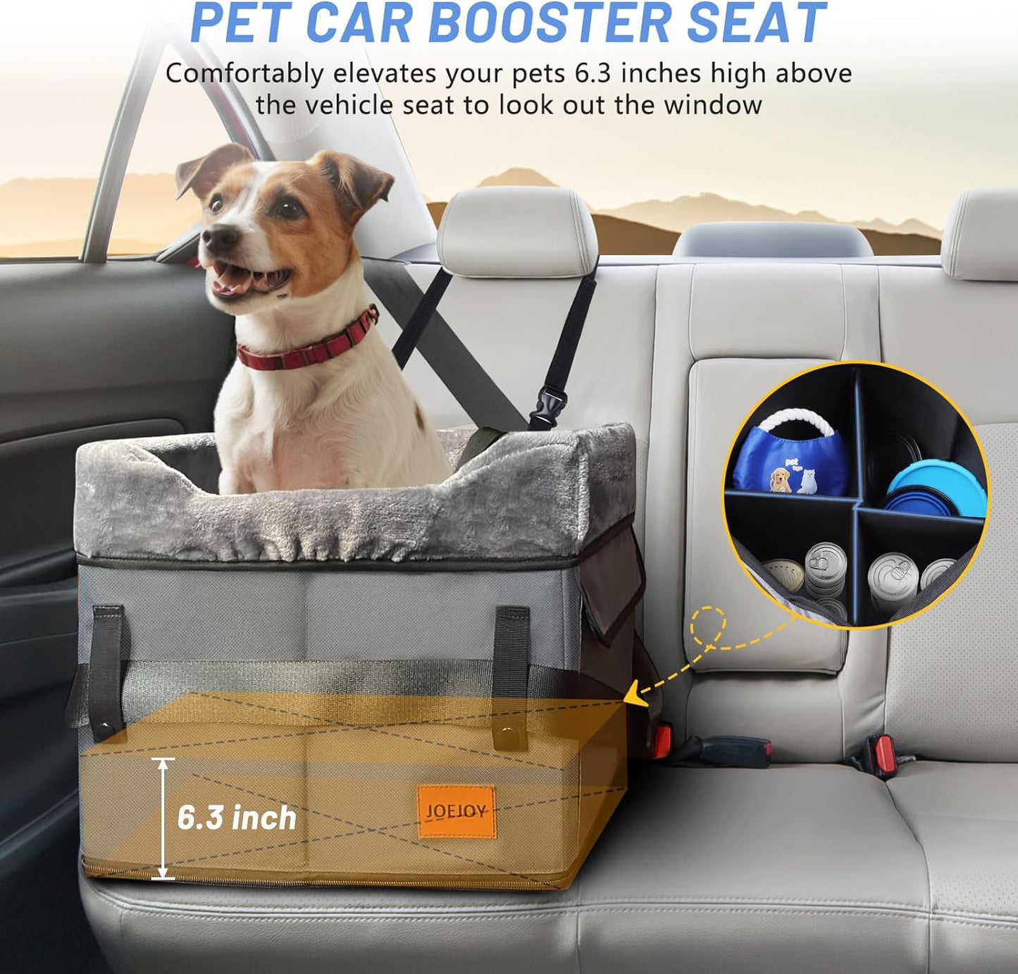 JOEJOY Small Dog Car Seat for Small Dogs, Portable Puppy Dog Booster Seat for Car with Clip-On Safety Leash, Adjustable Straps Perfect for Small Pets up to 25Lbs (Grey)