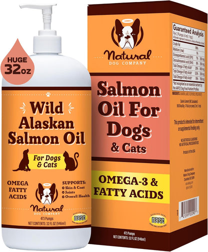 Natural Dog Company Pure Wild Alaskan Salmon Oil for Dogs (32Oz) Skin & Coat Supplement for Dogs, Dog Oil for Food with Essential Fatty Acids, Fish Oil Pump for Dogs, Omega 3 Fish Oil for Dogs