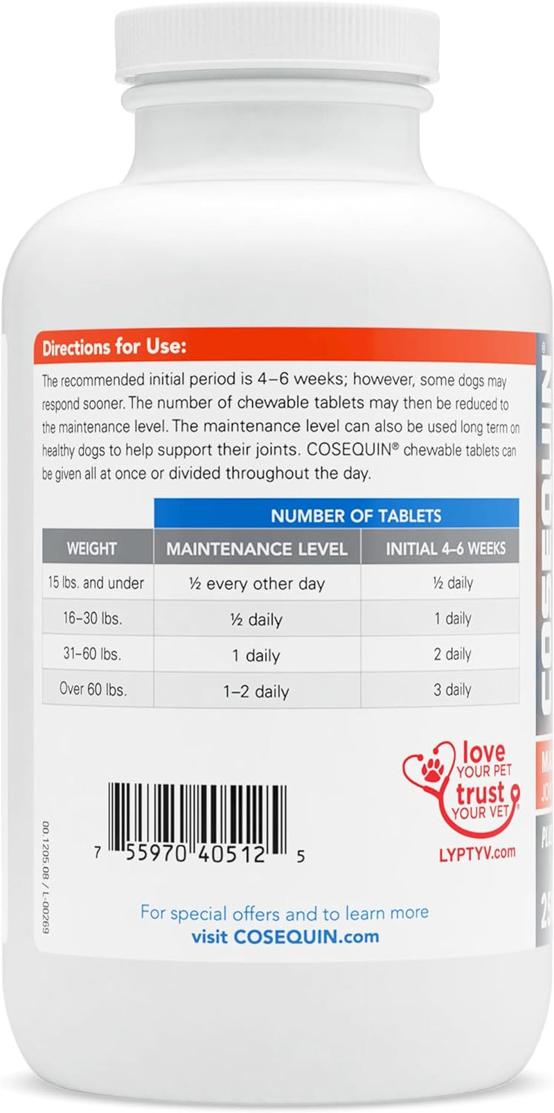 Nutramax Laboratories Cosequin Maximum Strength Joint Health Supplement for Dogs - with Glucosamine, Chondroitin, and MSM, 250 Chewable Tablets