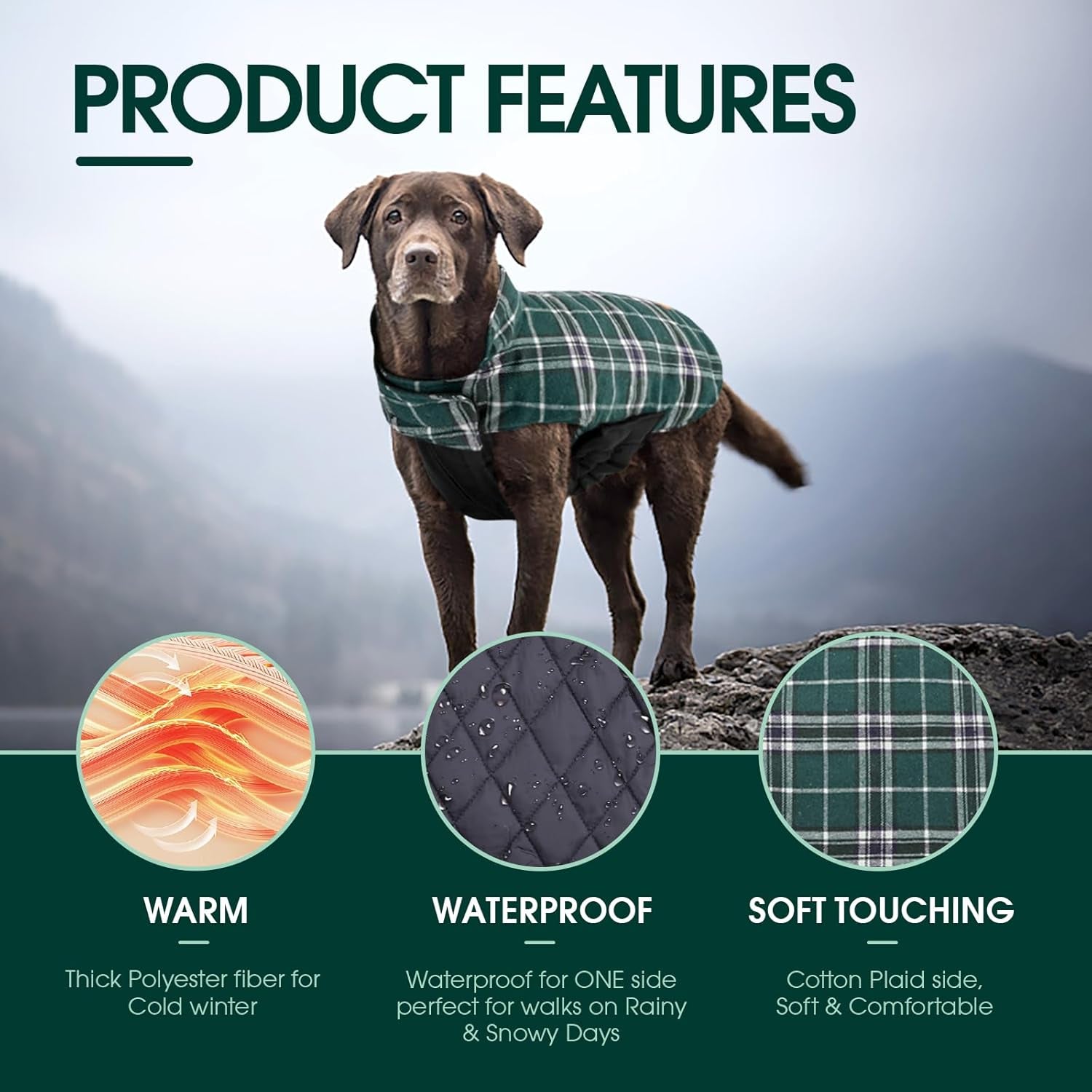 Kuoser Warm Dog Coat, Reversible Dog Jacket Waterproof Dog Winter Coat British Style Plaid Dog Clothes Pet Dog Cold Weather Coats Cozy Snow Jacket Vest for Small Medium Large Dogs Green M