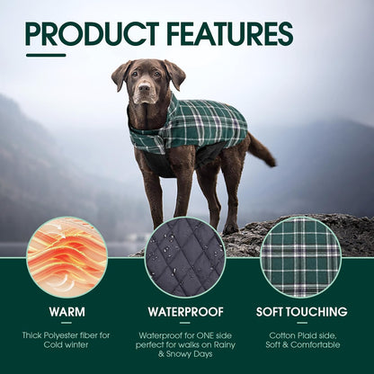 Kuoser Warm Dog Coat, Reversible Dog Jacket Waterproof Dog Winter Coat British Style Plaid Dog Clothes Pet Dog Cold Weather Coats Cozy Snow Jacket Vest for Small Medium Large Dogs Green M