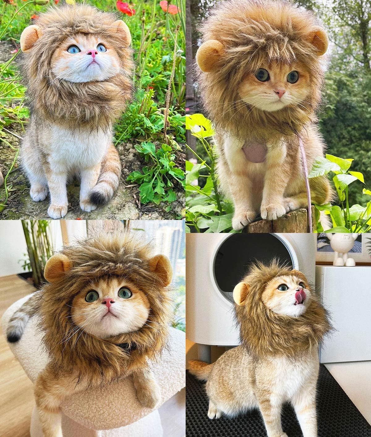 Lion Mane Wig for Cat Costume Pet Adjustable Washable Comfortable Fancy Lion Hair Cat Clothes Dress for Halloween Christmas Easter Festival Party Activity (Small, Brown)