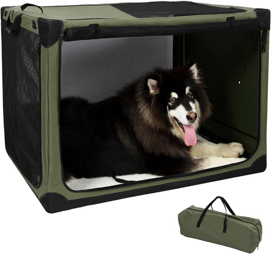 42 Inch Stainless Steel Collapsible Dog Crates for Large Dogs, 4-Door Soft Sided Dog Kennel for Travel, Portable Foldable Pet Crate with Durable Mesh Windows, Indoor & Outdoor, Olive Green