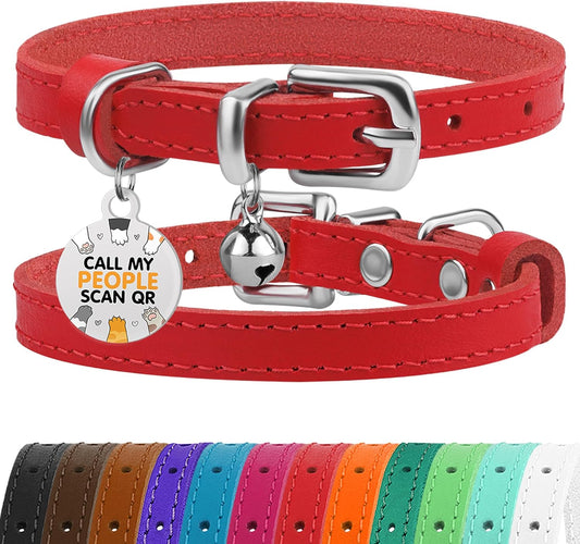 BRONZEDOG Leather Cat Collar with Bell Non Breakaway Kitten QR Tag for Girl Boy (7" - 9" for Cats, Red & Silver)