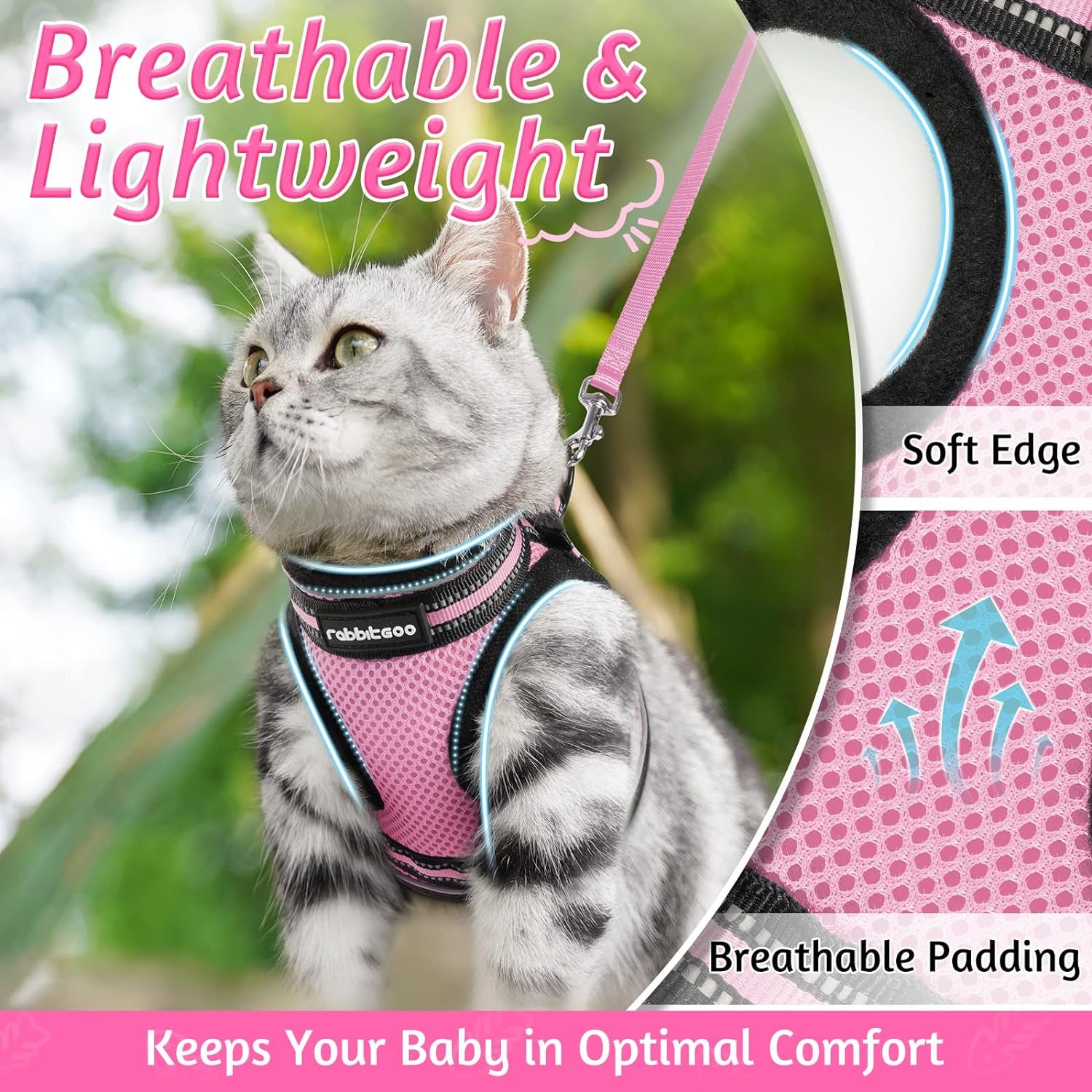 Rabbitgoo Cat Harness and Leash Set for Walking Escape Proof, Adjustable Soft Kittens Vest with Reflective Strip for Cats, Comfortable Outdoor Vest, Black, L