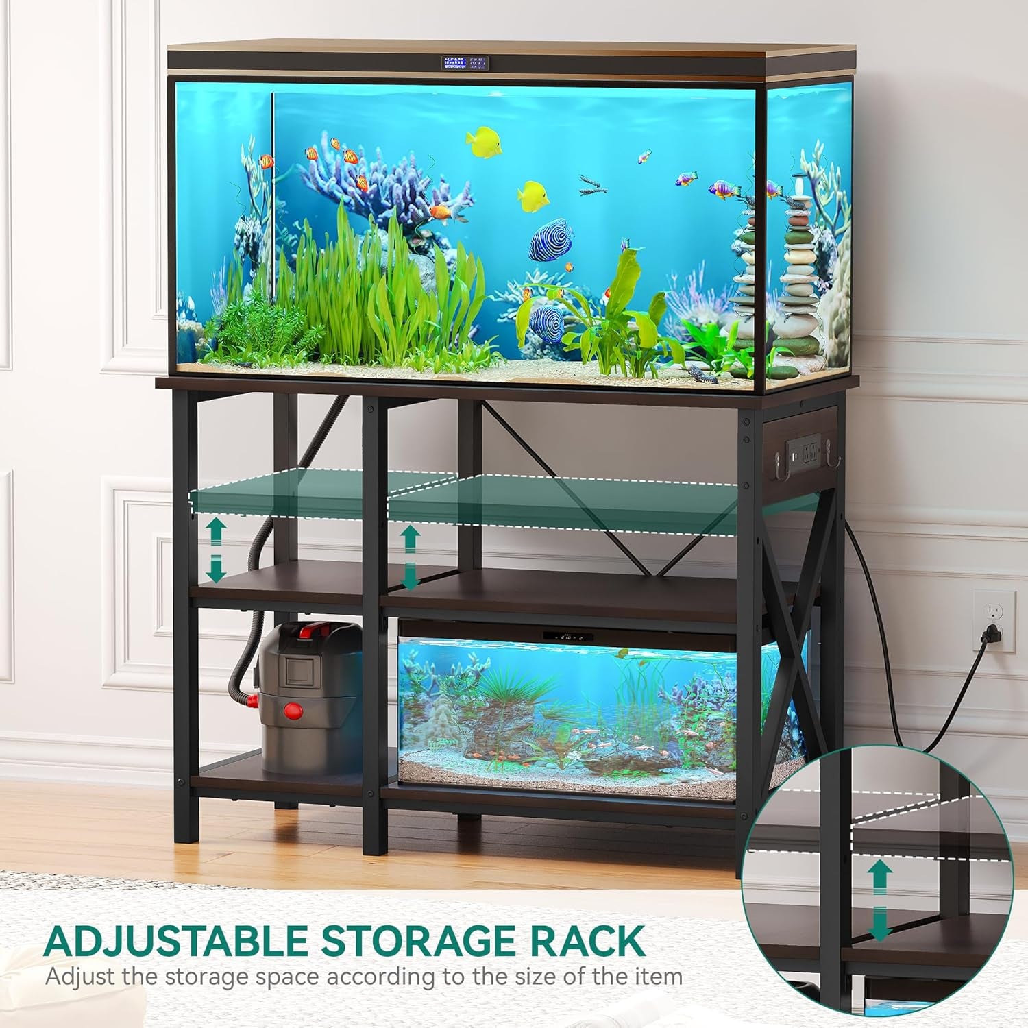 YITAHOME 40-50 Gallon Fish Tank Stand with Power Outlet, 40x18 Inch Metal Aquarium Stand with 3-Tier Adjustable Storage Shelves and Hooks, 700LBS Capacity, Black