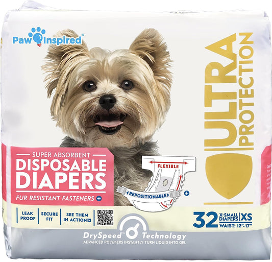 Paw Inspired 32Ct Disposable Dog Diapers | Female Dog Diapers Ultra Protection | Diapers for Dogs in Heat, Excitable Urination, or Incontinence (X-Small)