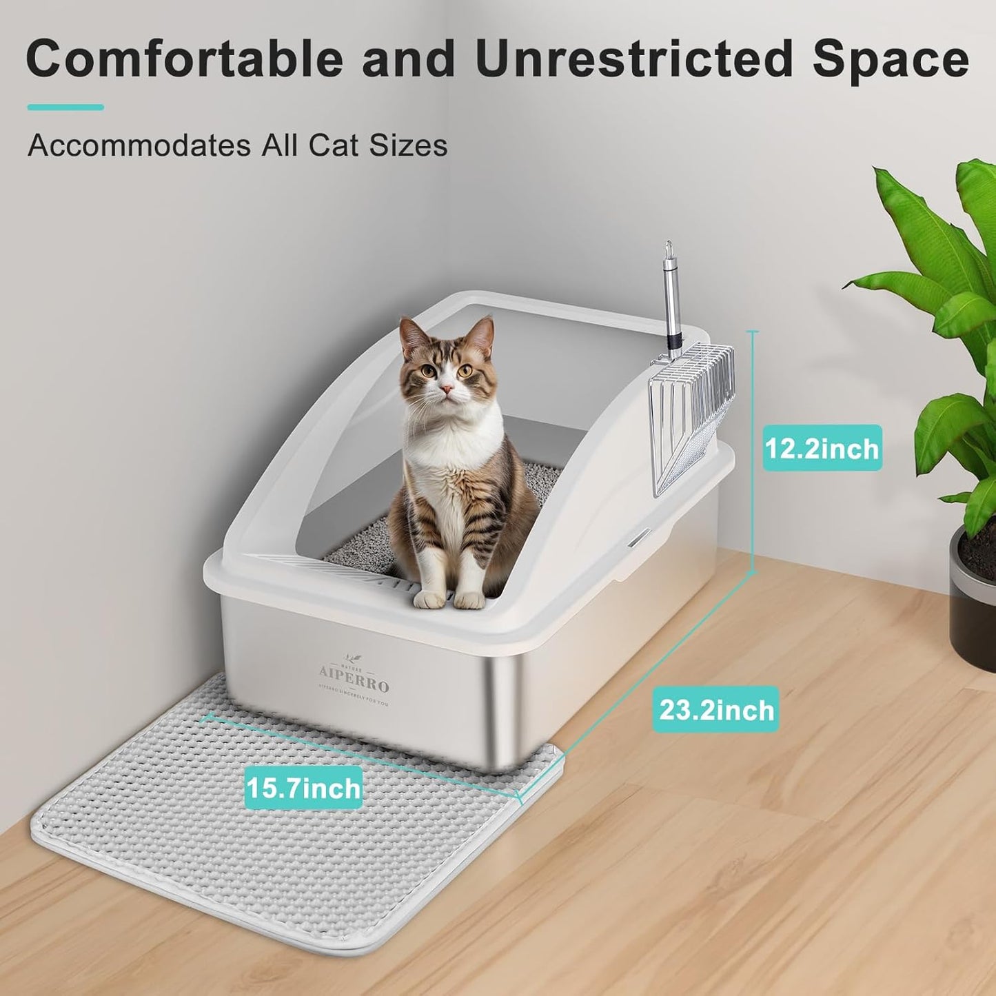 Stainless Steel Litter Box | XL Enclosed Cat Litter Box with Lid for Big Cats | High Sided, Anti-Urine Leakage | Non-Stick Bottom & Includes Litter Mat & Metal Scoop