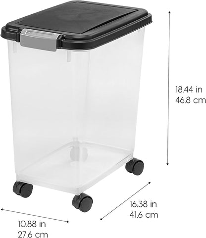 IRIS USA Weatherpro Airtight Dog Food Storage Container, up to 54 Lbs, Attachable Wheels, for Dog Cat Bird and Other Pet Food Storage Bin, Keep Fresh, Translucent Body, Easy Mobility, Black