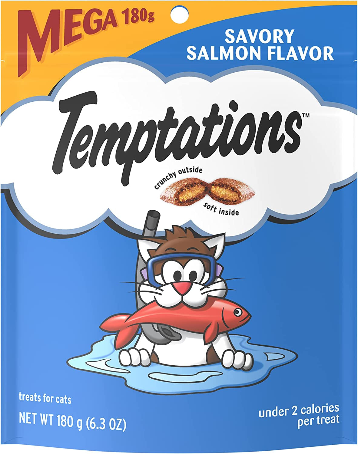 TEMPTATIONS Classic Crunchy and Soft Cat Treats Savory Salmon Flavor, 6.3 Oz. Pouch (Pack of 10)