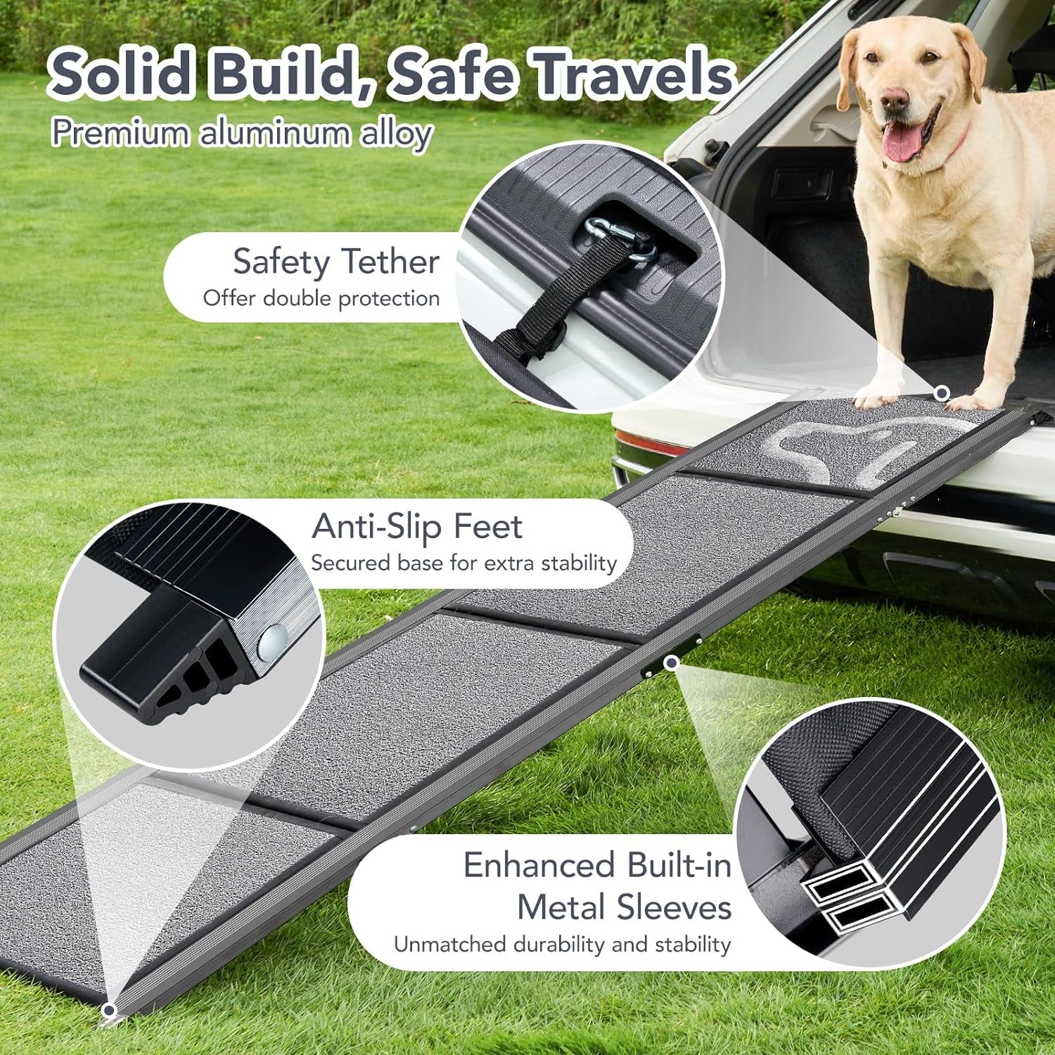 Dog Ramp for Car -Petthem Folding Pet Steps for Medium & Large Dogs, 63" Long & 17" Extra Wide Dog Car Ramp up to 250LBS Enter a Car SUV & Truck, Portable Pet Stair Ramp with Non-Slip Rug Surface