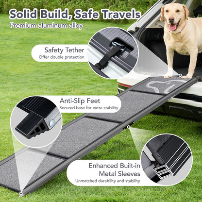 71'' X-Long Dog Ramp for Car -Folding Pet Steps for Medium & Large Dogs, Portable Pet Stair Ramp with Non-Slip Rug Surface, Dog Car Ramp up to 250LBS Enter a Car SUV & Truck Outdoors, Grey