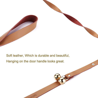 Leather Dog Doorbells for Door Knob/Potty Training/Go Outside, Length Adjustment Copper Dog Bell, Housetraining Hanging Bell, White Leather Golden Bells - 2 Pack.