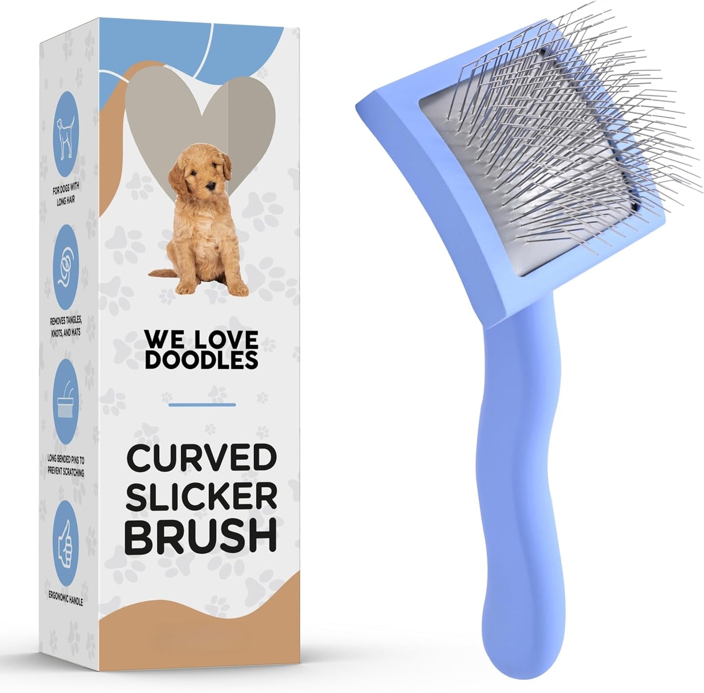 We Love Doodles Dog Slicker Brush for Grooming Pet Hair - Best Brushes for Poodle & Golden Doodle - Long Haired Brush for Dogs - Goldendoodle Long Pin Brush for Dematting (Small Curved)