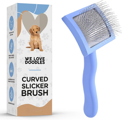 We Love Doodles Dog Slicker Brush for Grooming Pet Hair - Best Brushes for Poodle & Golden Doodle - Long Haired Brush for Dogs - Goldendoodle Long Pin Brush for Dematting (Small Curved)