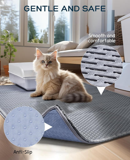 Burgeonnest 45"X 32" Cat Litter Mat, Velcro Design, Washable Extra Large XL Kitty Litter Trapping Mat, Smooth and Comfortable Material Litter Box Mat, Fewer Creases