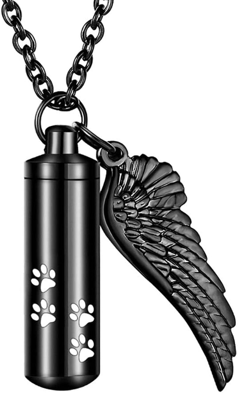 Abooxiu Cylinder Cremation Necklace for Pet Ashes Urn Necklace for Ashes with Angel Wing Pet Paw Ashes Necklace for Dog/Cat Pet Memorial Keepsake Jewelry