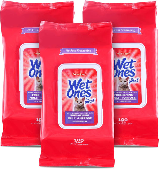 Wet Ones for Pets Freshening Multipurpose Wipes for Cats with Aloe Vera, 100 Ct - 3 Pack | Easy to Use Cat Cleaning Wipes, Freshening Cat Grooming Wipes for Pet Grooming in Fresh Scent| Cat Wipes