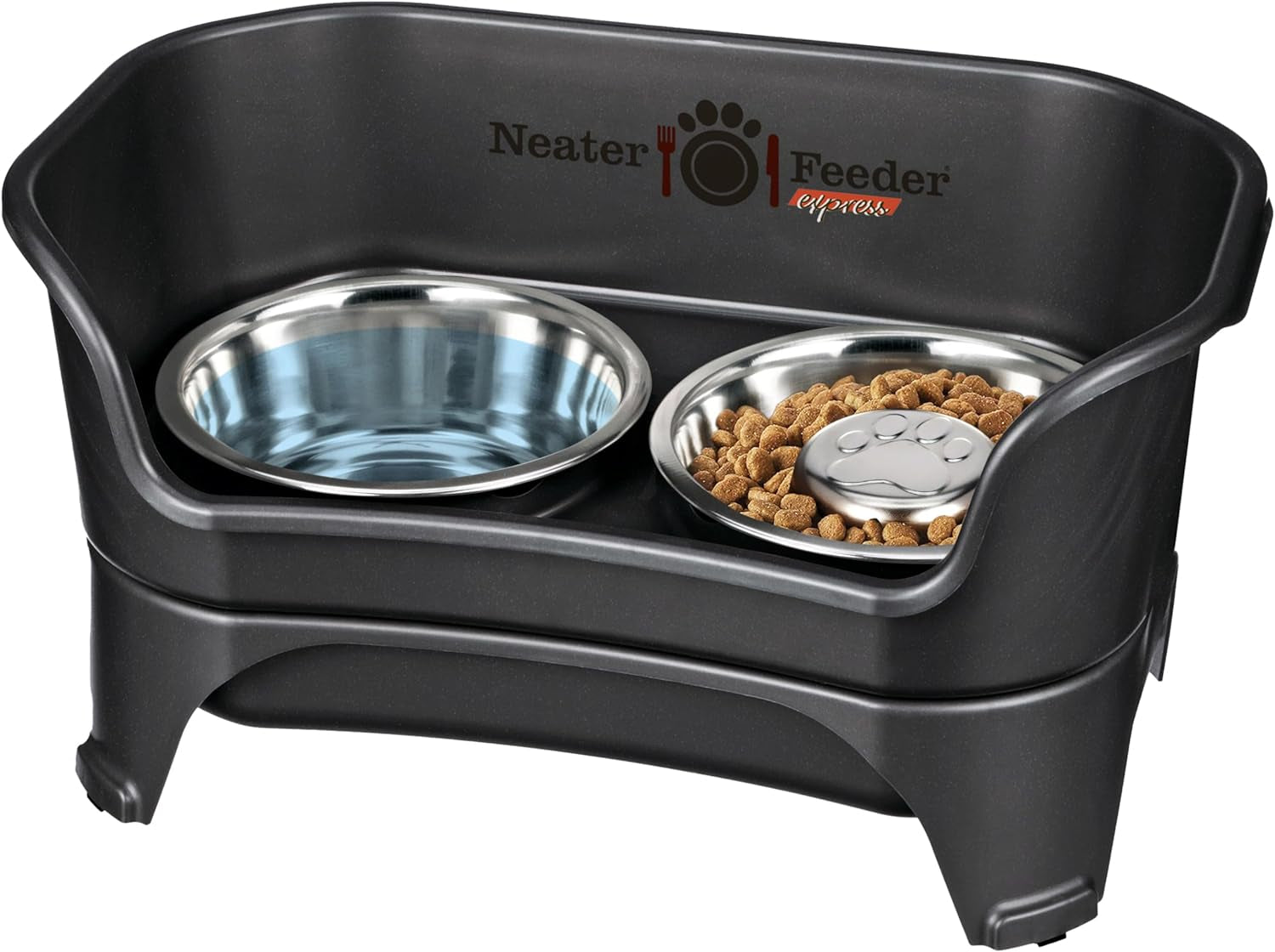 Neater Feeder - Express Model W/Slow Feed Bowl - Mess-Proof Dog Bowls (M/L, Black) Made in USA – Elevated, No Spill, Non-Tip, Non-Slip, Raised Stainless Steel Food/Water Pet Bowls Aid Digestion