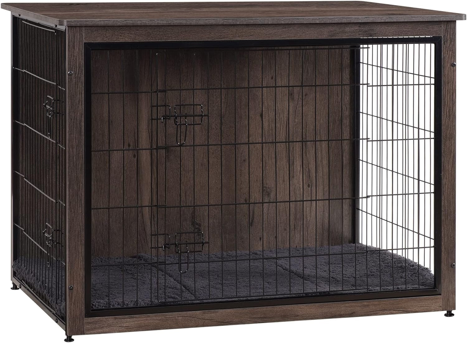 DWANTON Dog Crate Furniture with Cushion, XL Wooden Dog Crate with Double Doors, Large Dog Crate Furniture, Dog Kennel Indoor, End Table, Extra Large, 43.3" L, Dark Grey