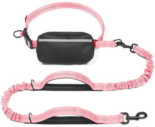 iYoShop Hands Free Dog Leash with Zipper Pouch, Large, 25-120 LB, Baby Pink | Waist Leash, Dual Padded Handles, Shock-Absorbing Bungee, Adjustable Waist Belt, Walking and Running