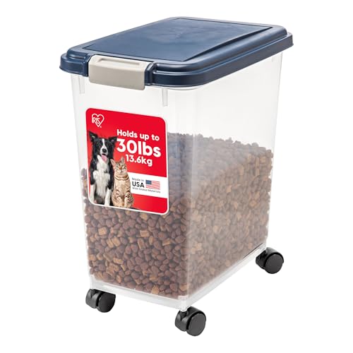 IRIS USA 30 Lbs / 33 Qt WeatherPro Airtight Pet Food Storage Container with Attachable Casters, For Dog Cat Bird and Other Pet Food Storage Bin, Keep Fresh, Translucent Body, Easy Mobility, Navy