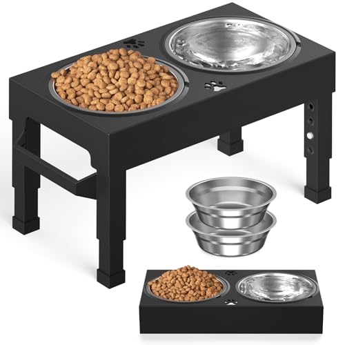 Elevated Dog Bowls Stand Large Breed, Height Adjustable Raised Dog Bowls Holder with 2 Stainless Steel Food Bowls for Small, Medium and Large Canine，Black