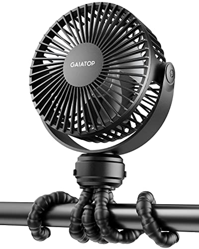 Gaiatop Mini Portable Stroller Fan, Small Clip on Fan 3 Speed Rechargeable | 360° Rotate Flexible Tripod, Battery Operated Detachable, Cooling for Car Seat Crib Treadmill Travel Black