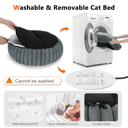 INVENHO Heated Cat Beds for Indoor Cats and Small Dogs, 20" Cozy Donut Heated Pet Bed with Timer & Temp Adjustable, Removable Waterproof Electric Warming Bed for Indoor Cat