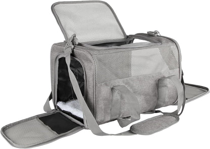 Cat Carrier, Soft-Sided Airline Approved Pet Carrier Case with 4 Ventilated Windows for Cats and Dogs under 10-25Lbs (17.0 L X 11.0 W X 11.0 H Inch, Grey)