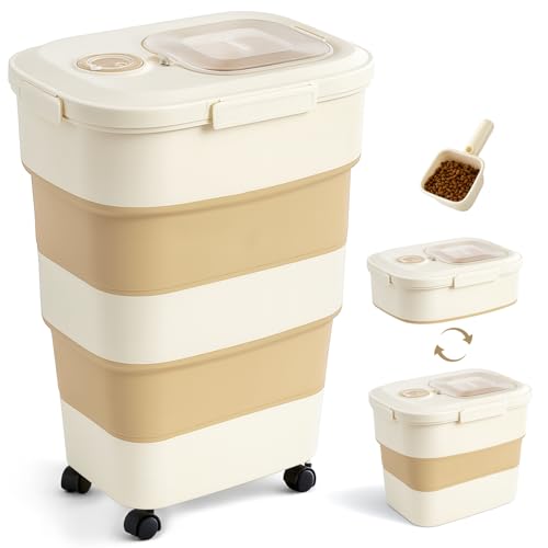 ZOMISIA 40-50lbs Dog Food Storage Container, Large Capacity Collapsible Airtight Pet Food Storage Containers with Rolling Wheels, Transparent Lid, Scoop and Date Track, Khaki