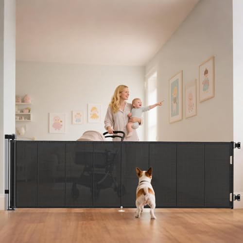 Miumoon 100 inch Reinforced Retractable Baby Gates 34 inch Tall | Retractable Dog Gate with No Crawl Through Reinforced Strip, 8 FT Extra Long Baby Gate, Retractable Gate for Indoor/Outdoor