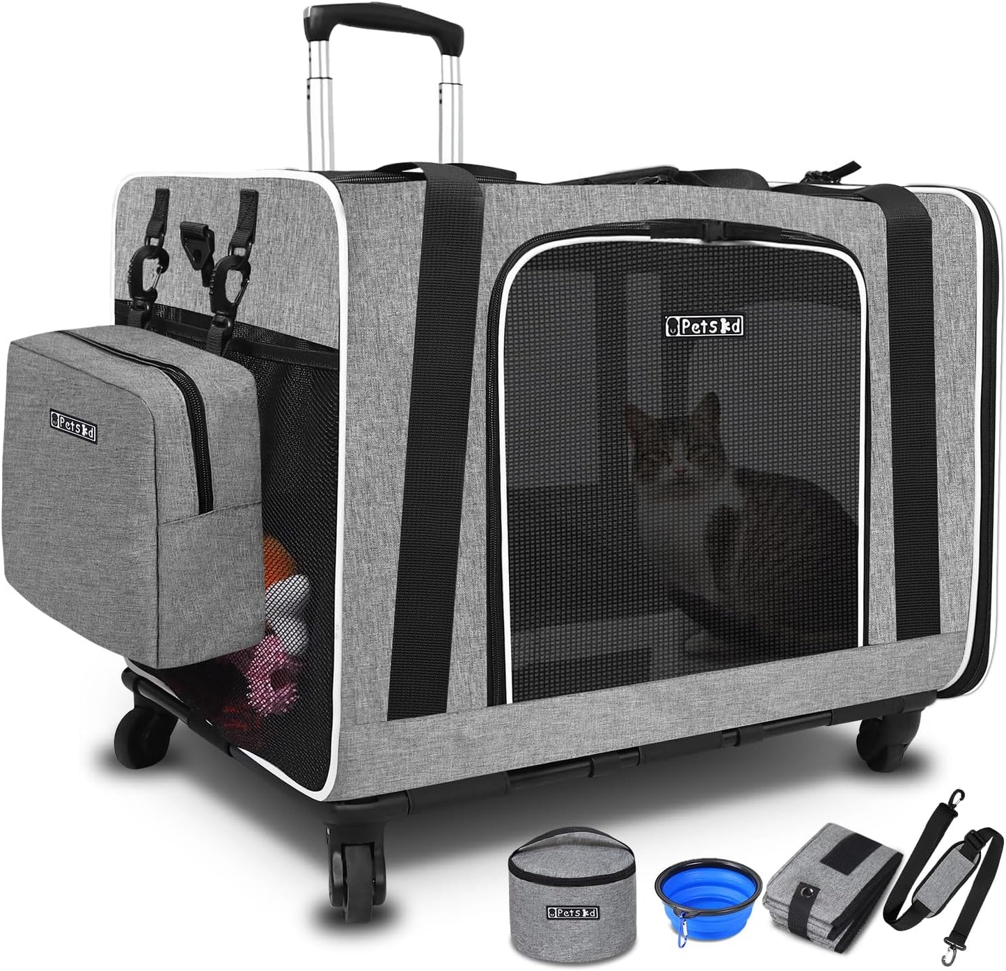 Large Pet Carrier with Wheels 24"X17"X17" for Large Cats, Pet Carrier for 2 Cats or Medium Dog, Cat Carrier for Car Travel with Litter Box and Bowl, Cat Soft Carrier with Locking Zipper(Grey)