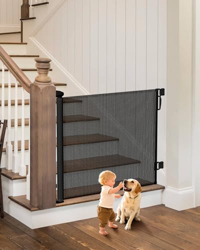 BBsecure Retractable Baby Gate - 55" Wide Mesh Pet Gate with Anti-Crawling Hook, Safety Lock, One-Hand Operation, 34" Tall Baby Gate for Stairs, Doorways, Hallways, Garage, Indoor Outdoor, Black