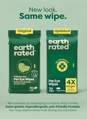 Earth Rated Vet-Developed Dog Eye Wipes, Hypoallergenic Pet Wipes for Dogs & Cats to Remove Dirt & Discharge, Fragrance Free, 70 Count