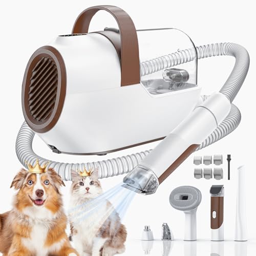 Ozumek Dog Grooming Vacuum, Dog Grooming Kit with Pet Clipper Nail Grinder, 3 Suction Modes Dog Brush Vacuum with 6 Pet Grooming Tools (tan)