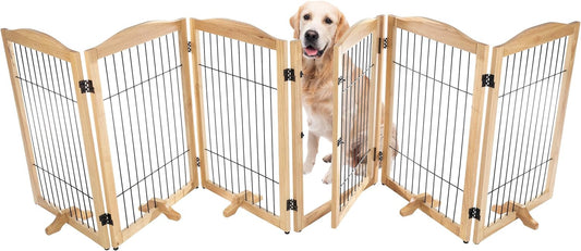 Pet Gate - 6-Panel Indoor Folding Dog Fence for Stairs or Doorways - 133X32-Inch Freestanding Play Pen with Support Feet by PETMAKER (Natural)