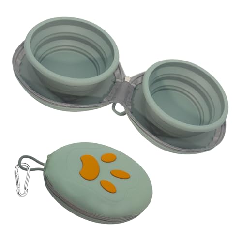 Gdsun Collapsible Dog Bowls, 2-in-1 Silicone Pet Food and Water Bowl with Carabiner, Portable Double Compartment Dish for Travel, Camping, Hiking Puppy Essentials (A- Green)