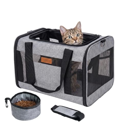 YUNIQUE Soft-Sided Cat & Dog Carrier for Pets Up to 15 Lbs, Airline Approved Collapsible Travel Puppy Carrier with Lightweight Fabric Design (Grey)